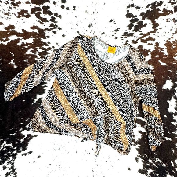 Ruby Rd. Soft Striped Animal Print Embellished Neck Side Drawstring Top Size L - Picture 1 of 5